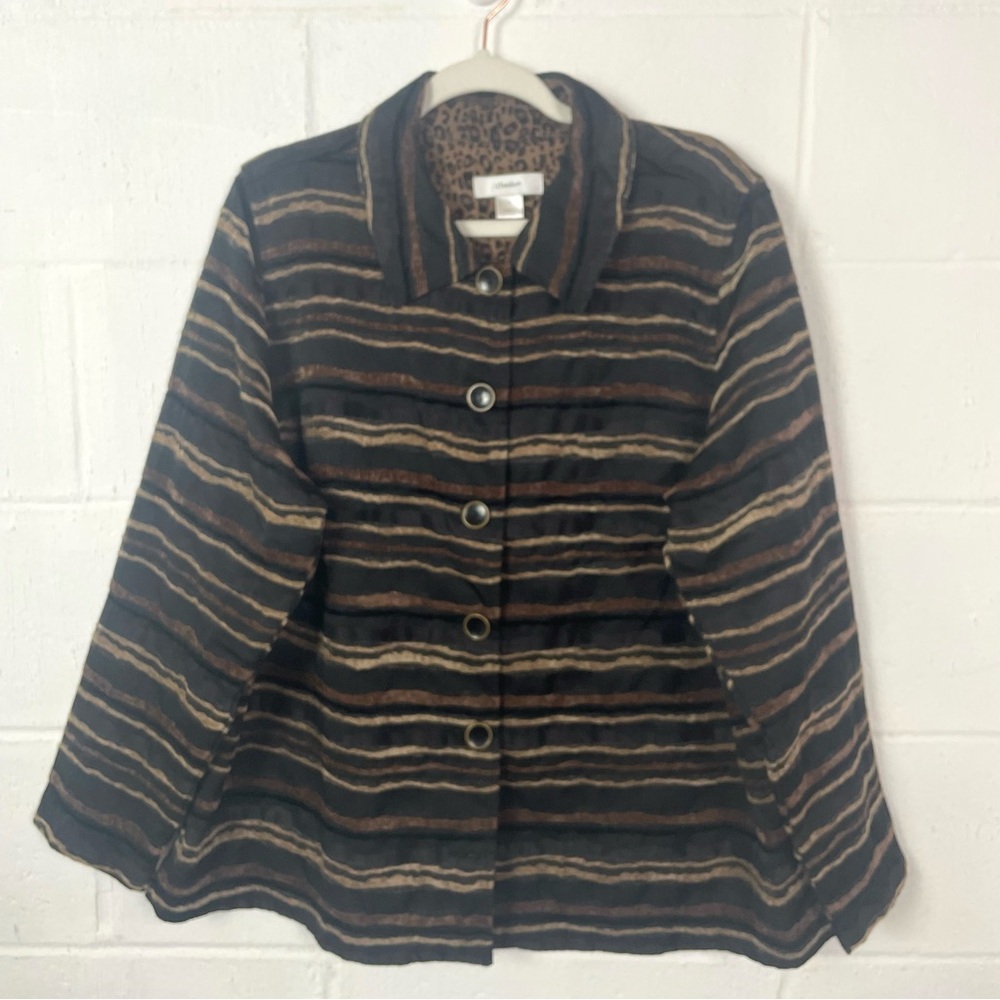 CJ Banks Jacket Leopard Print Black & Brown Chenille Stripes Artsy Maximalist 1X